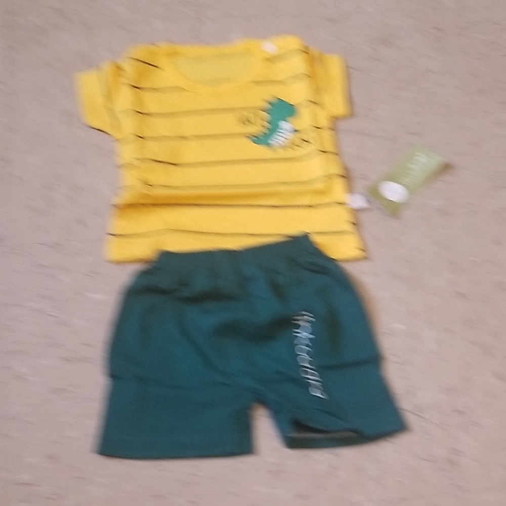 Yellow Striped Dinosaur T-Shirt and Green Shorts Set